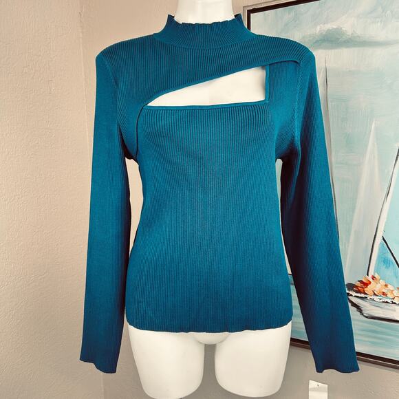 Bar III Sweater Aqua Lake Blue Cutout Ribbed
Mockneck Long Sleeve Plus 2X NWT - Picture 1 of 6
